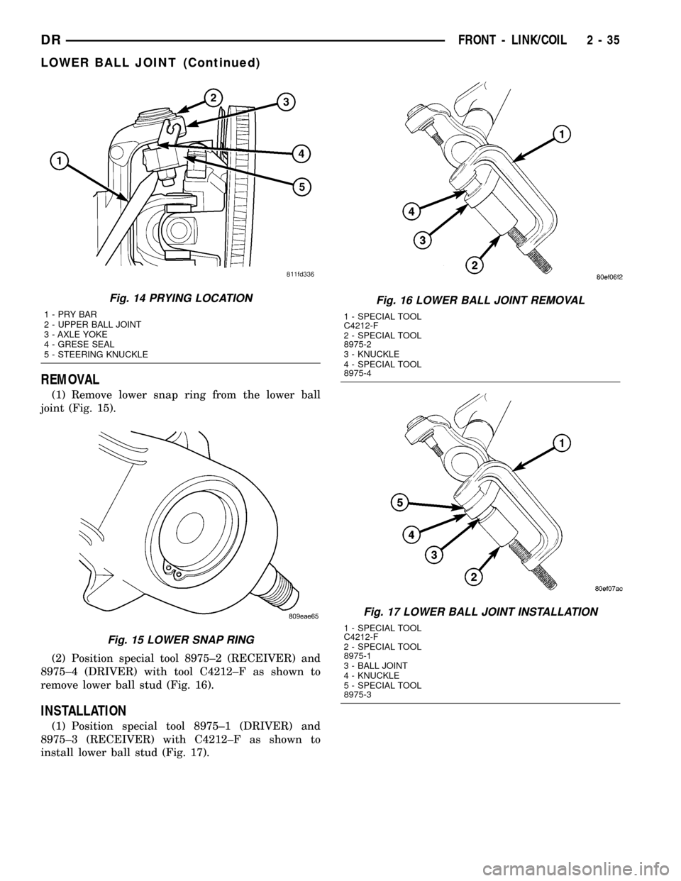 DODGE RAM 1500 1998 2.G Owners Guide REMOVAL
(1) Remove lower snap ring from the lower ball
joint (Fig. 15).
(2) Position special tool 8975±2 (RECEIVER) and
8975±4 (DRIVER) with tool C4212±F as shown to
remove lower ball stud (Fig. 16 DODGE RAM 1500 1998 2.G Owners Guide REMOVAL
(1) Remove lower snap ring from the lower ball
joint (Fig. 15).
(2) Position special tool 8975±2 (RECEIVER) and
8975±4 (DRIVER) with tool C4212±F as shown to
remove lower ball stud (Fig. 16