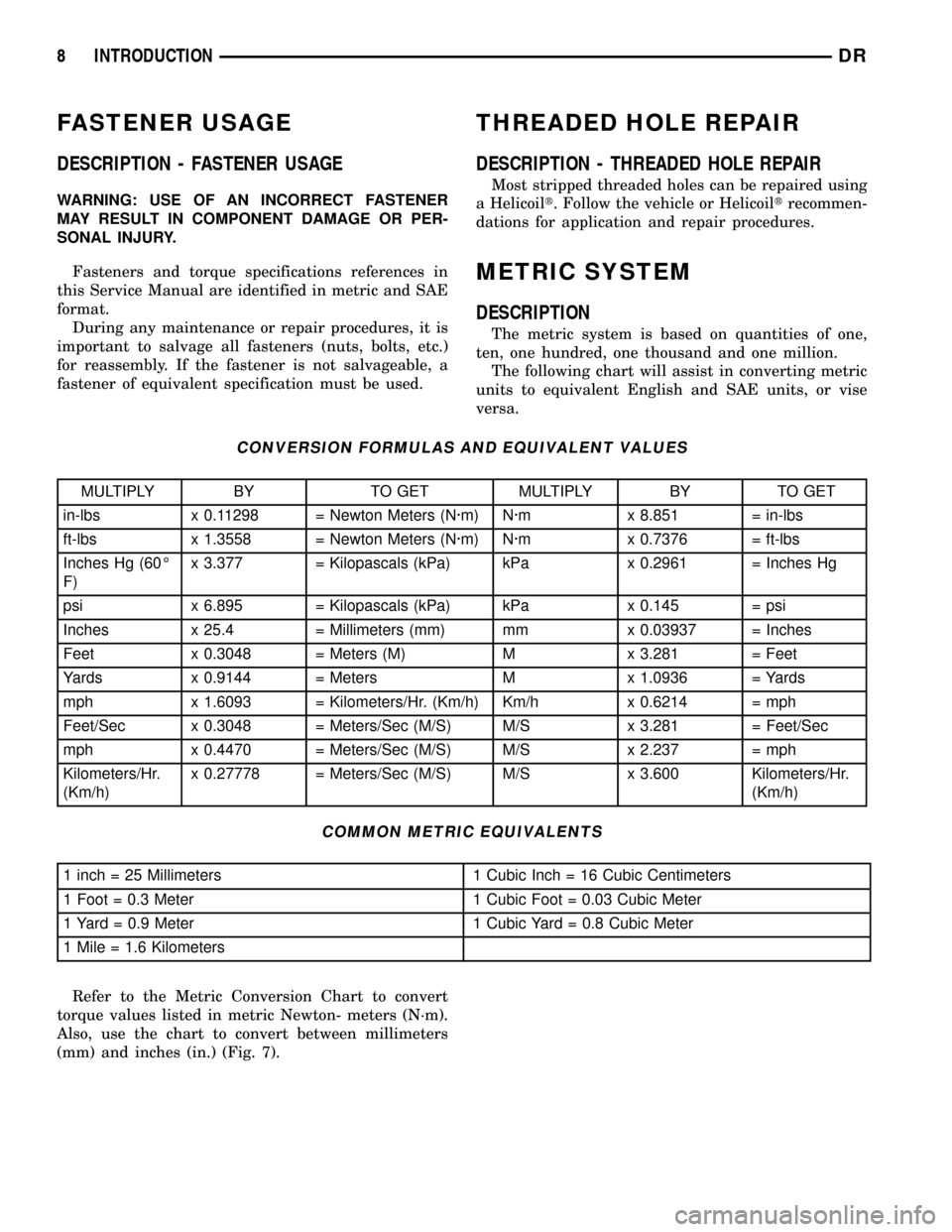 DODGE RAM 1500 1998 2.G Workshop Manual FASTENER USAGE
DESCRIPTION - FASTENER USAGE
WARNING: USE OF AN INCORRECT FASTENER
MAY RESULT IN COMPONENT DAMAGE OR PER-
SONAL INJURY.
Fasteners and torque specifications references in
this Service Ma