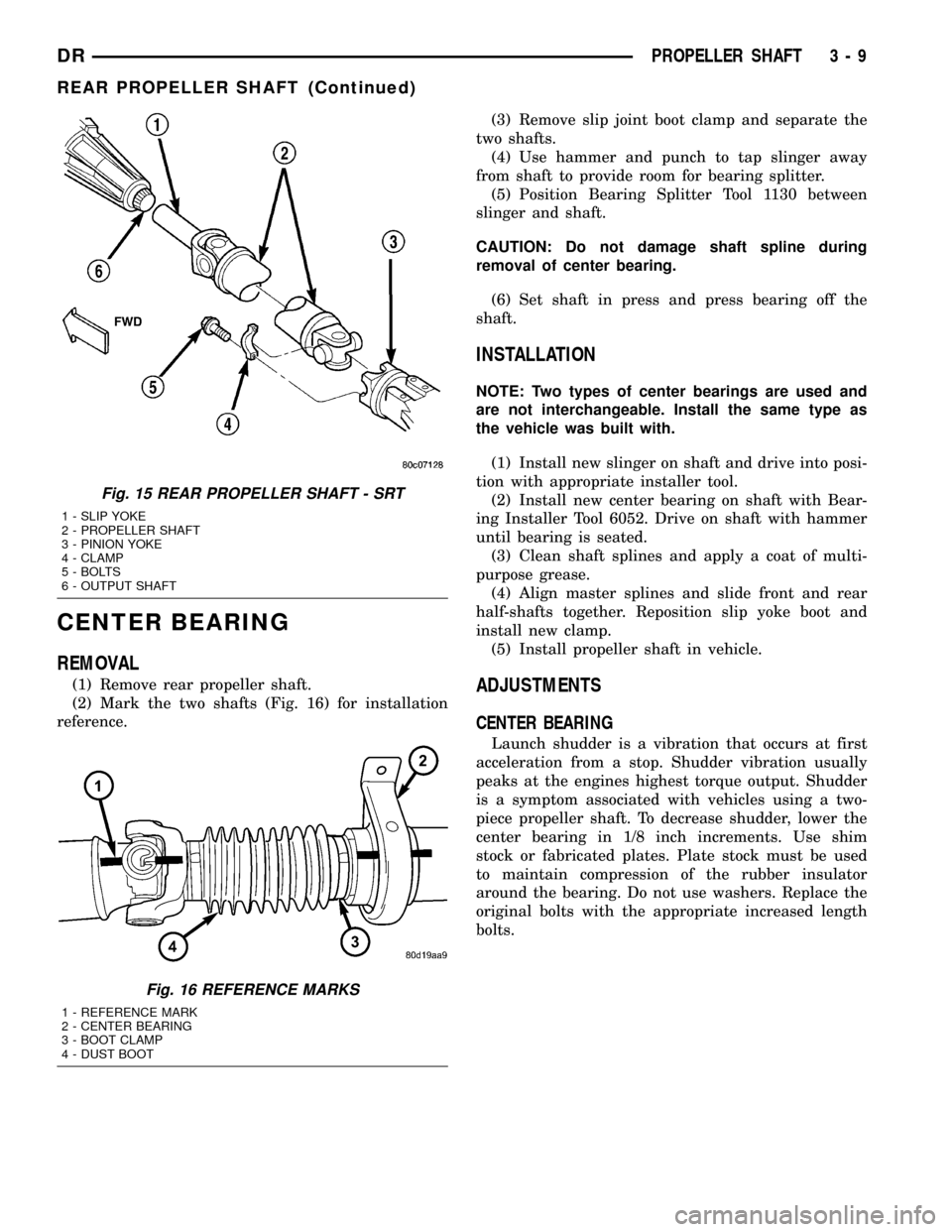 DODGE RAM 1500 1998 2.G Workshop Manual CENTER BEARING
REMOVAL
(1) Remove rear propeller shaft.
(2) Mark the two shafts (Fig. 16) for installation
reference.(3) Remove slip joint boot clamp and separate the
two shafts.
(4) Use hammer and pu