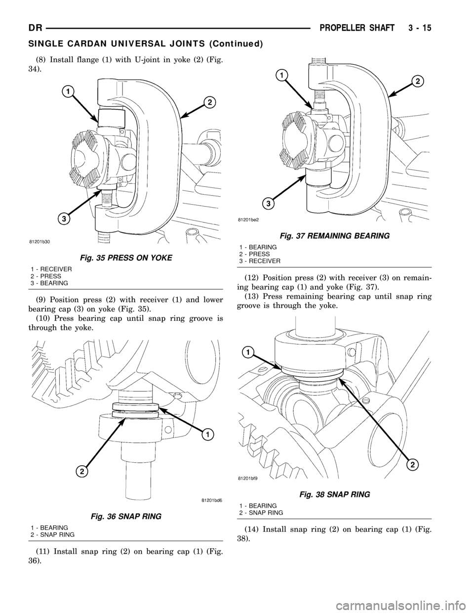 DODGE RAM 1500 1998 2.G Owners Manual (8) Install flange (1) with U-joint in yoke (2) (Fig.
34).
(9) Position press (2) with receiver (1) and lower
bearing cap (3) on yoke (Fig. 35).
(10) Press bearing cap until snap ring groove is
throug DODGE RAM 1500 1998 2.G Owners Manual (8) Install flange (1) with U-joint in yoke (2) (Fig.
34).
(9) Position press (2) with receiver (1) and lower
bearing cap (3) on yoke (Fig. 35).
(10) Press bearing cap until snap ring groove is
throug