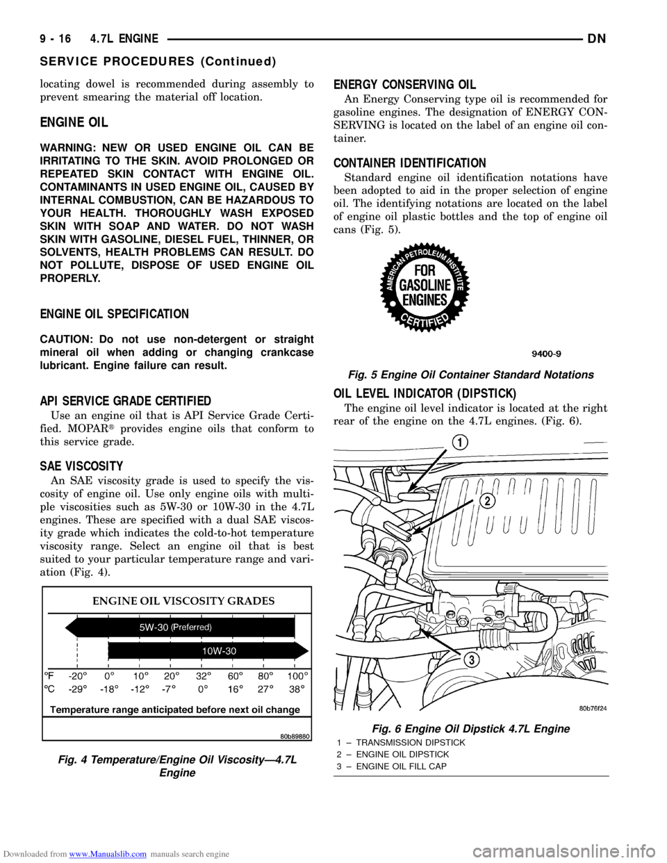 DODGE DURANGO 1997 1.G Workshop Manual Downloaded from www.Manualslib.com manuals search engine locating dowel is recommended during assembly to
prevent smearing the material off location.
ENGINE OIL
WARNING: NEW OR USED ENGINE OIL CAN BE

