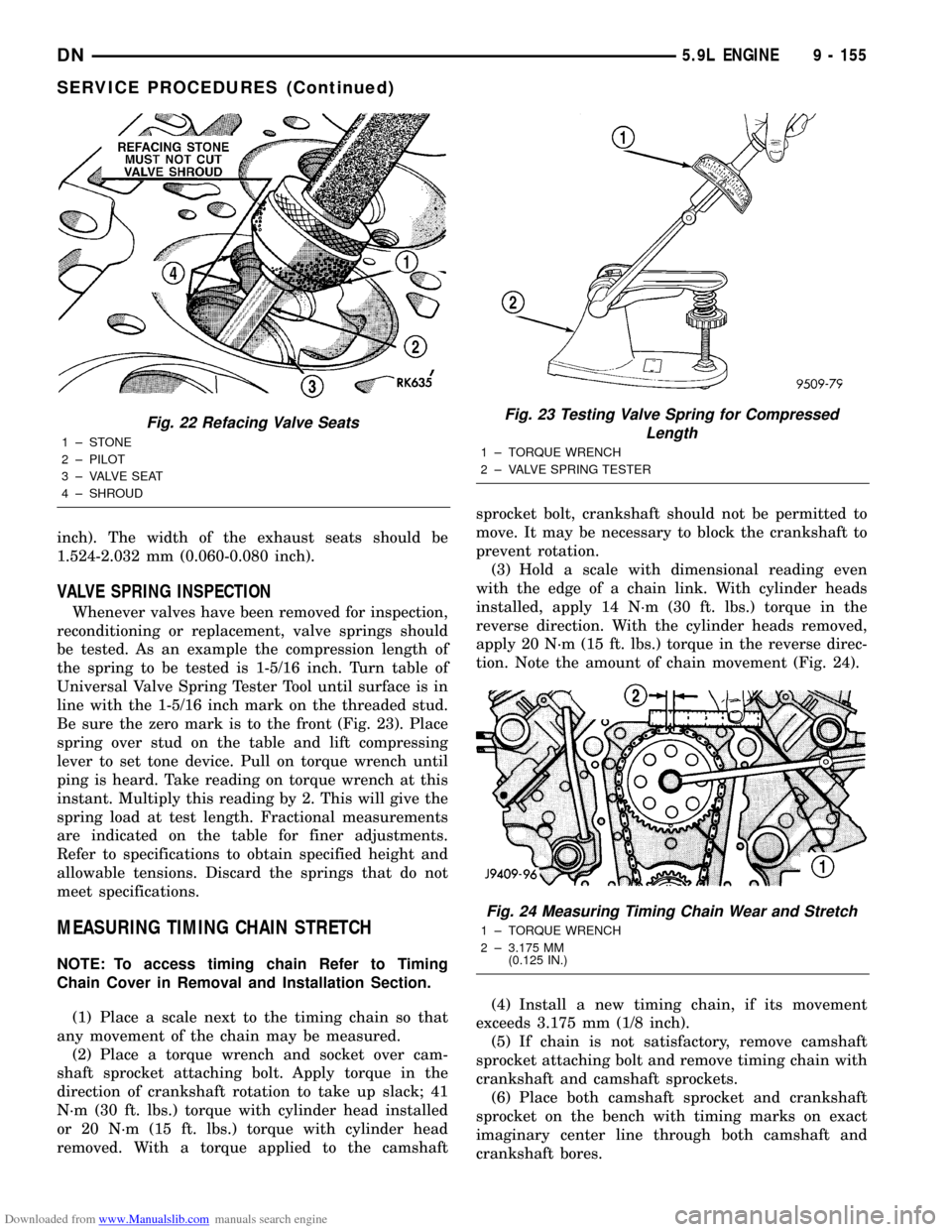 DODGE DURANGO 1997 1.G Workshop Manual Downloaded from www.Manualslib.com manuals search engine inch). The width of the exhaust seats should be
1.524-2.032 mm (0.060-0.080 inch).
VALVE SPRING INSPECTION
Whenever valves have been removed fo