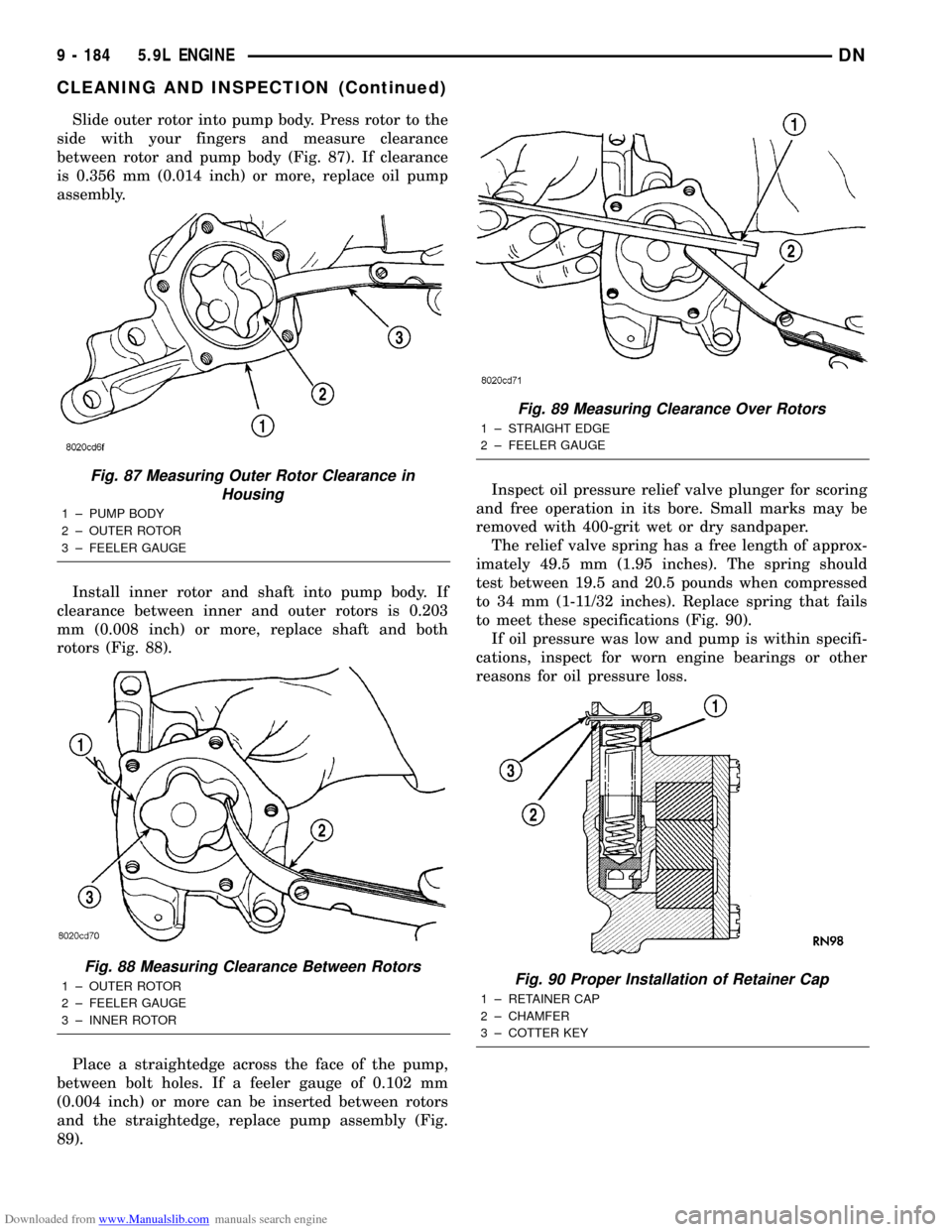 DODGE DURANGO 2000 1.G Workshop Manual Downloaded from www.Manualslib.com manuals search engine Slide outer rotor into pump body. Press rotor to the
side with your fingers and measure clearance
between rotor and pump body (Fig. 87). If cle