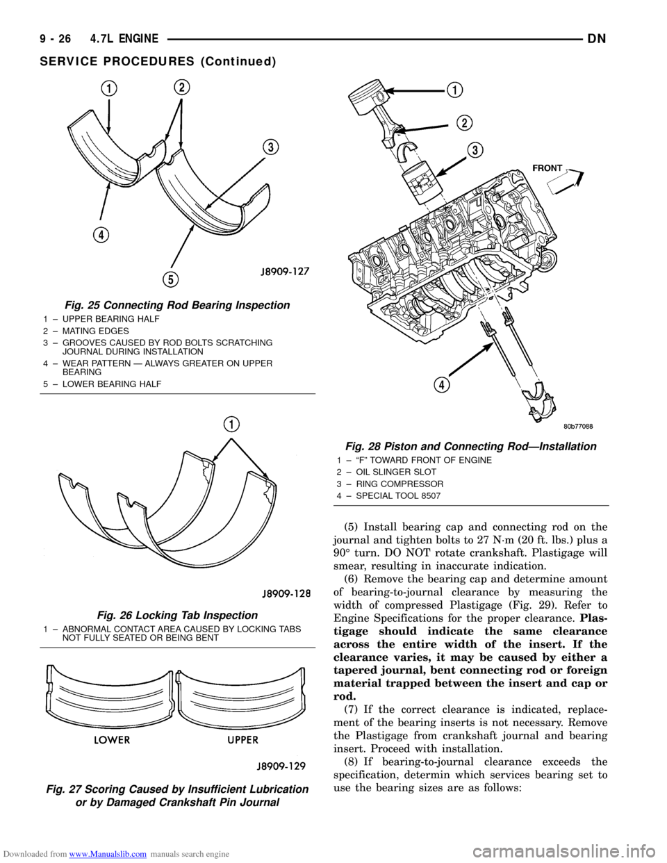 DODGE DURANGO 2000 1.G Workshop Manual Downloaded from www.Manualslib.com manuals search engine (5) Install bearing cap and connecting rod on the
journal and tighten bolts to 27 N´m (20 ft. lbs.) plus a
90É turn. DO NOT rotate crankshaft