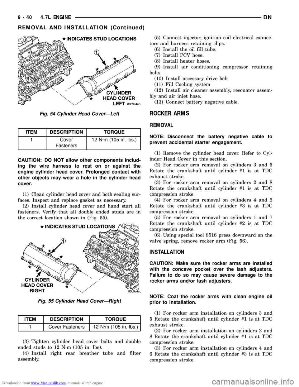 DODGE DURANGO 1997 1.G Workshop Manual Downloaded from www.Manualslib.com manuals search engine CAUTION: DO NOT allow other components includ-
ing the wire harness to rest on or against the
engine cylinder head cover. Prolonged contact wit