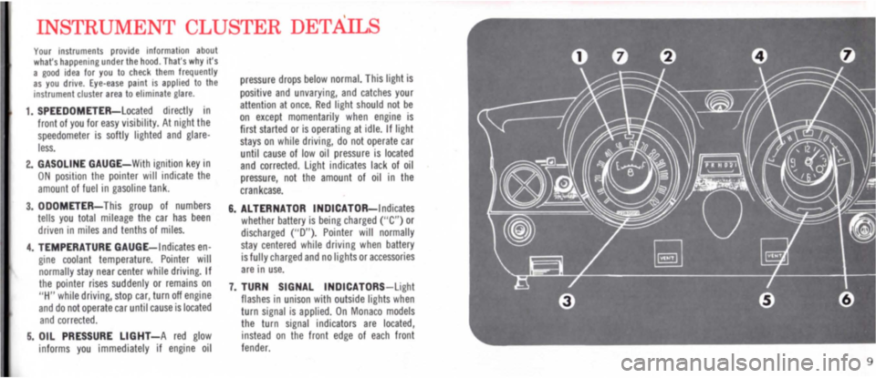 DODGE MONACO 1965 1.G Owners Manual INSTRUMENT CLUSTER DETAILS
Your instruments provide Inlormation about whars happening under the hood. Thats why It s a good idea lor you to check them frequently as you drive. Eye-ease paint is app DODGE MONACO 1965 1.G Owners Manual INSTRUMENT CLUSTER DETAILS
Your instruments provide Inlormation about whars happening under the hood. Thats why It s a good idea lor you to check them frequently as you drive. Eye-ease paint is app