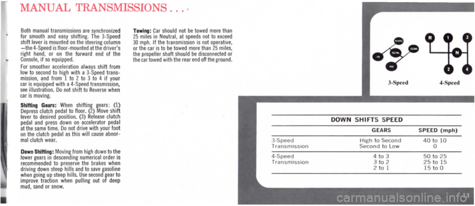 DODGE MONACO 1965 1.G Owners Manual MANUAL TRANSMISSIONS .... 
Both manual transmissions are synchronized for smooth and easy shifting. The 3·Speed shift lever is mounted on the steering column -the 4·Speed is floor-mounted at the dri