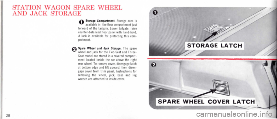 DODGE MONACO 1965 1.G Owners Manual 28 
TATION WAG N 
AN 
JACK  TORA PARE 
WHEEL 
E 
o Storage Compartment. Storage area IS available In the floor compartment lust forward of the tailgate. lower tailgate, raise counter· balanced floor 