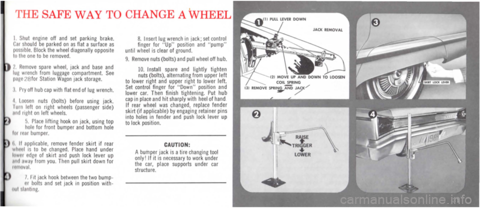 DODGE MONACO 1965 1.G Owners Guide THE SAFE WAY TO CHANGE A WHEEL 
I Shut engine off and set parking brake. C. r should be parked on as flat a surface as possible. Block the wheel diagonally opposite to the one to be removed. 
7 R move