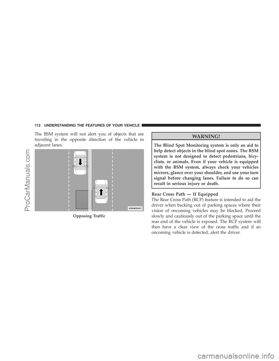 DODGE CARAVAN 2009  Owners Manual The BSM system will not alert you of objects that are
traveling in the opposite direction of the vehicle in
adjacent lanes.WARNING!
The Blind Spot Monitoring system is only an aid to
help detect objec