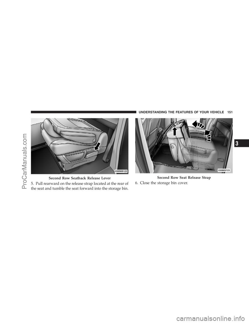 DODGE CARAVAN 2009  Owners Manual 5. Pull rearward on the release strap located at the rear of
the seat and tumble the seat forward into the storage bin.6. Close the storage bin cover.
Second Row Seatback Release LeverSecond Row Seat 