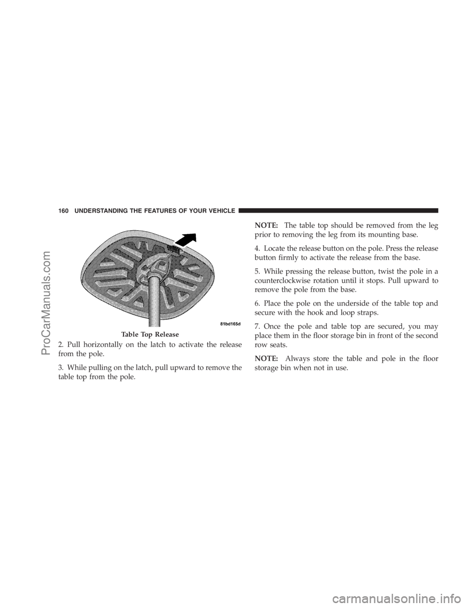 DODGE CARAVAN 2009  Owners Manual 2. Pull horizontally on the latch to activate the release
from the pole.
3. While pulling on the latch, pull upward to remove the
table top from the pole.NOTE:The table top should be removed from the 