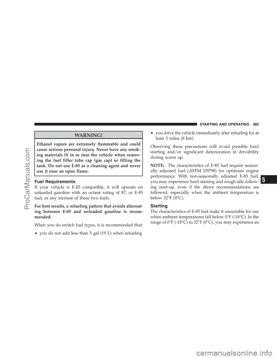 DODGE CARAVAN 2009 Owners Manual WARNING!
Ethanol vapors are extremely flammable and could
cause serious personal injury. Never have any smok-
ing materials lit in or near the vehicle when remov-
ing the fuel filler tube cap (gas cap DODGE CARAVAN 2009 Owners Manual WARNING!
Ethanol vapors are extremely flammable and could
cause serious personal injury. Never have any smok-
ing materials lit in or near the vehicle when remov-
ing the fuel filler tube cap (gas cap