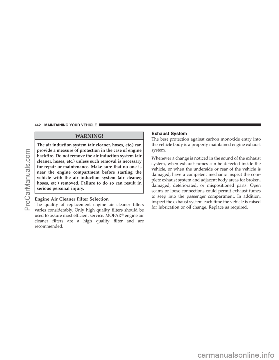 DODGE CARAVAN 2009  Owners Manual WARNING!
The air induction system (air cleaner, hoses, etc.) can
provide a measure of protection in the case of engine
backfire. Do not remove the air induction system (air
cleaner, hoses, etc.) unles