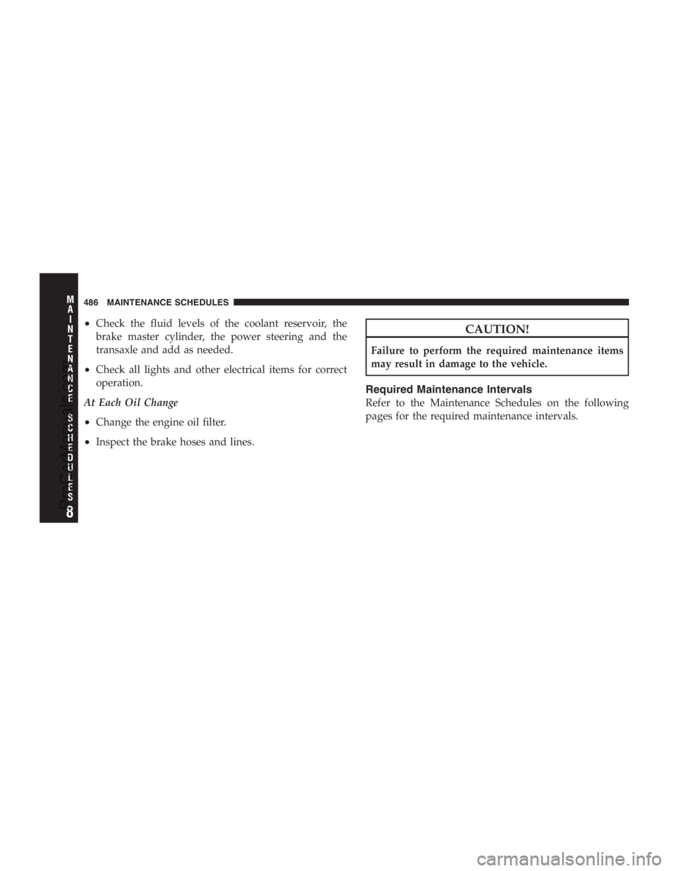 DODGE CARAVAN 2009  Owners Manual •Check the fluid levels of the coolant reservoir, the
brake master cylinder, the power steering and the
transaxle and add as needed.
•Check all lights and other electrical items for correct
operat