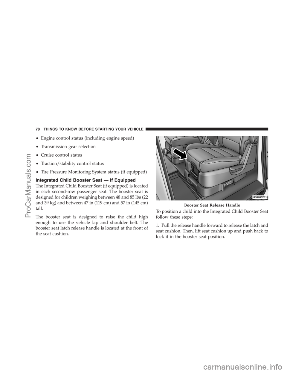 DODGE CARAVAN 2009 Manual PDF •Engine control status (including engine speed)
•Transmission gear selection
•Cruise control status
•Traction/stability control status
•Tire Pressure Monitoring System status (if equipped)
I