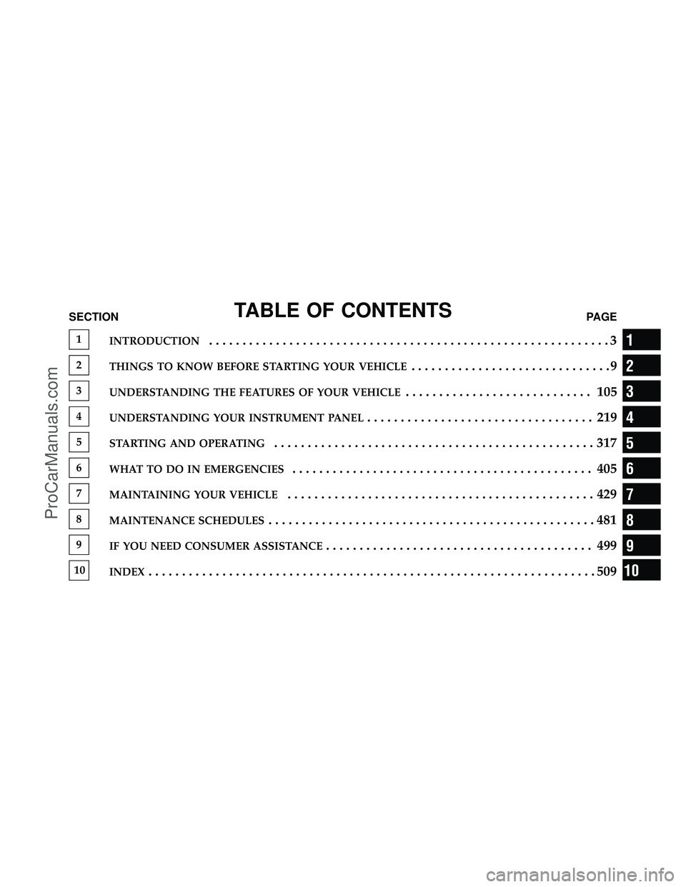 DODGE CARAVAN 2010  Owners Manual TABLE OF CONTENTSSECTIONPAGE
1INTRODUCTION............................................................3
2THINGS TO KNOW BEFORE STARTING YOUR VEHICLE..............................9
3UNDERSTANDING THE F