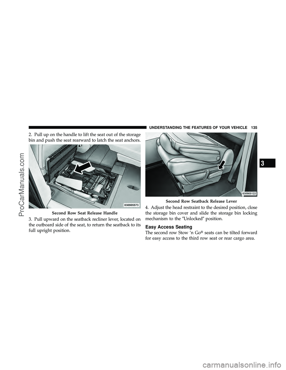 DODGE CARAVAN 2010  Owners Manual 2. Pull up on the handle to lift the seat out of the storage
bin and push the seat rearward to latch the seat anchors.
3. Pull upward on the seatback recliner lever, located on
the outboard side of th
