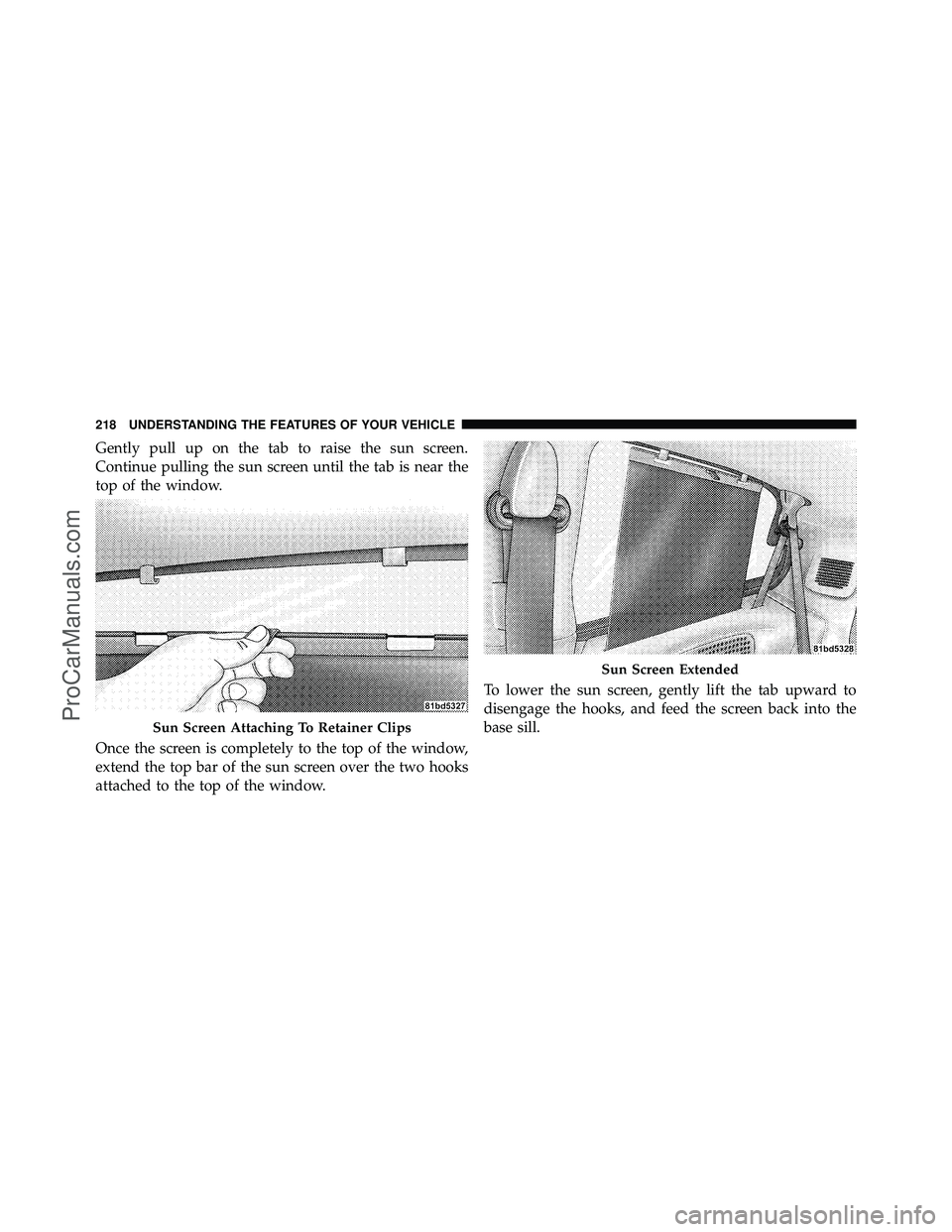 DODGE CARAVAN 2010  Owners Manual Gently pull up on the tab to raise the sun screen.
Continue pulling the sun screen until the tab is near the
top of the window.
Once the screen is completely to the top of the window,
extend the top b