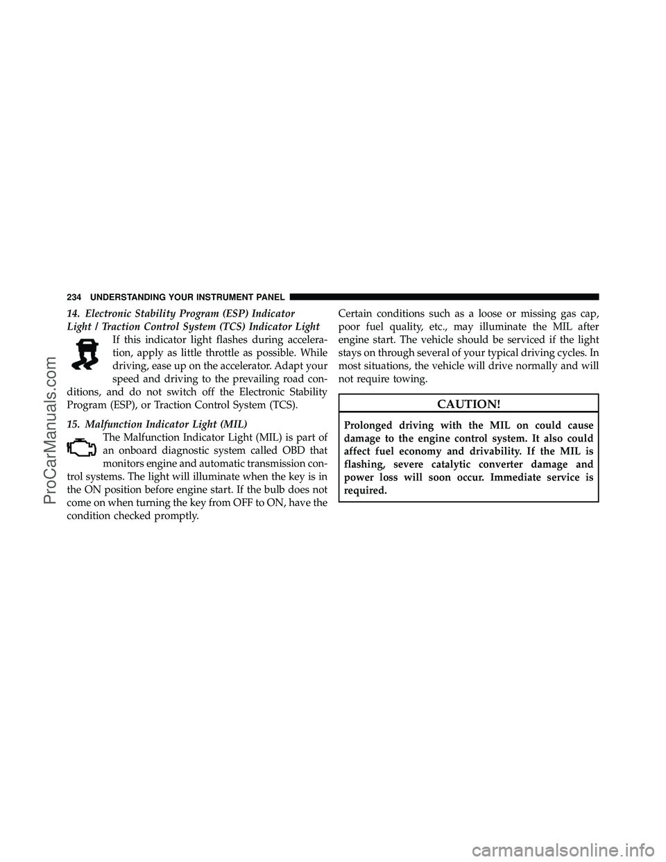 DODGE CARAVAN 2010  Owners Manual 14. Electronic Stability Program (ESP) Indicator
Light / Traction Control System (TCS) Indicator LightIf this indicator light flashes during accelera-
tion, apply as little throttle as possible. While
