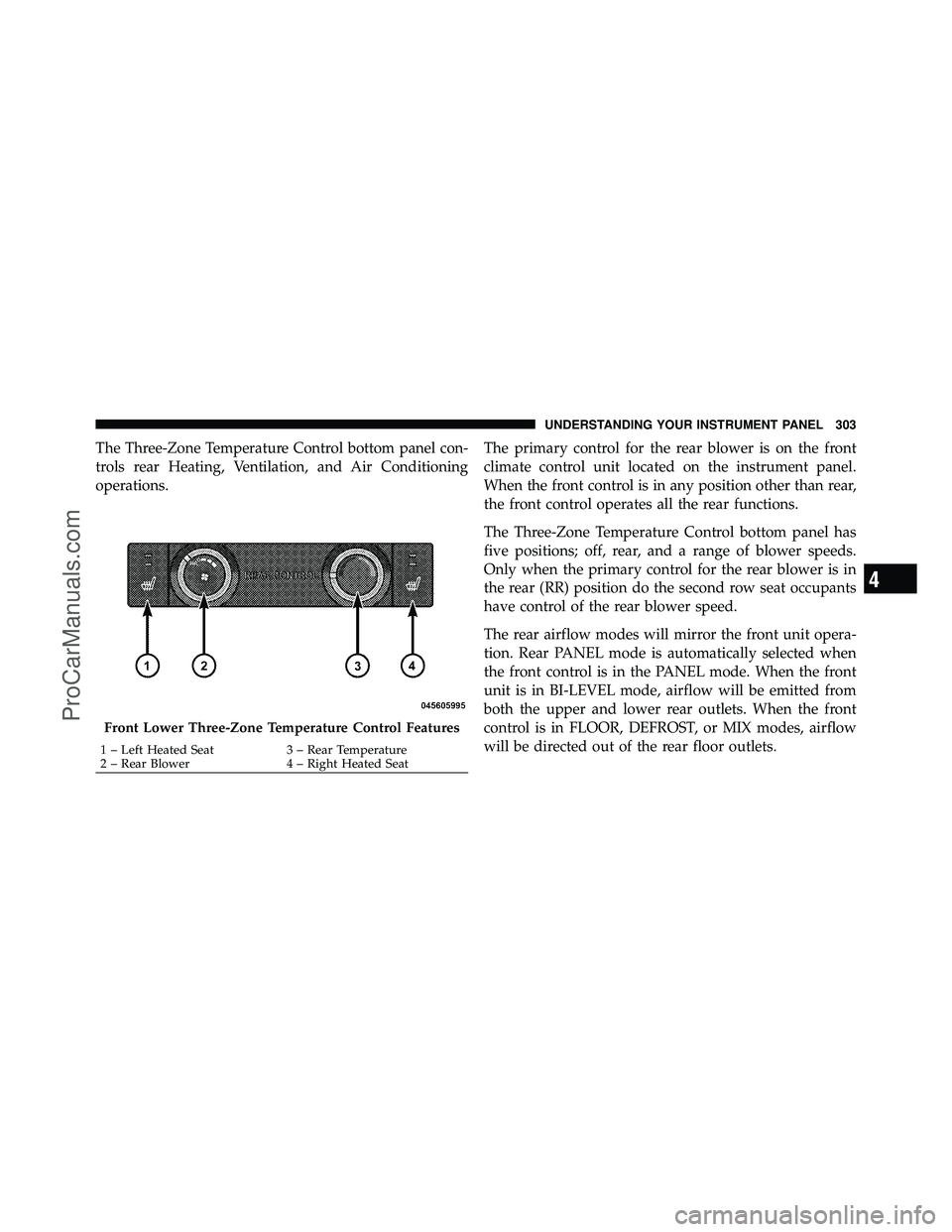 DODGE CARAVAN 2010 Owners Manual The Three-Zone Temperature Control bottom panel con-
trols rear Heating, Ventilation, and Air Conditioning
operations.The primary control for the rear blower is on the front
climate control unit locat DODGE CARAVAN 2010 Owners Manual The Three-Zone Temperature Control bottom panel con-
trols rear Heating, Ventilation, and Air Conditioning
operations.The primary control for the rear blower is on the front
climate control unit locat