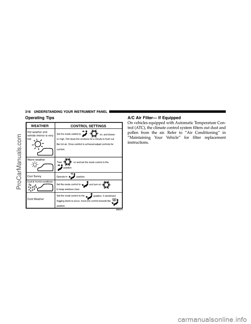 DODGE CARAVAN 2010  Owners Manual Operating TipsA/C Air Filter— If Equipped
On vehicles equipped with Automatic Temperature Con-
trol (ATC), the climate control system filters out dust and
pollen from the air. Refer to “Air Condit