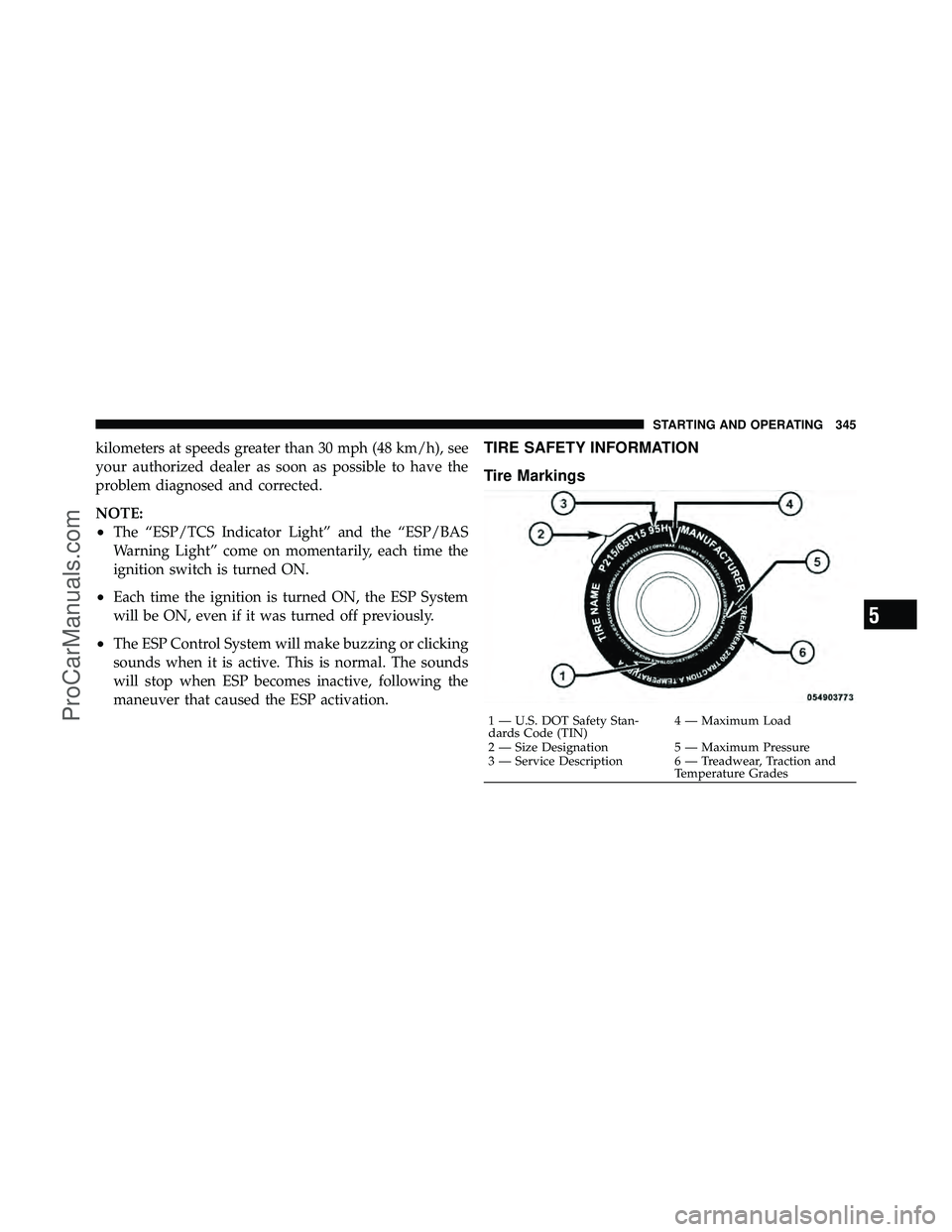 DODGE CARAVAN 2010  Owners Manual kilometers at speeds greater than 30 mph (48 km/h), see
your authorized dealer as soon as possible to have the
problem diagnosed and corrected.
NOTE:
•The “ESP/TCS Indicator Light” and the “ES