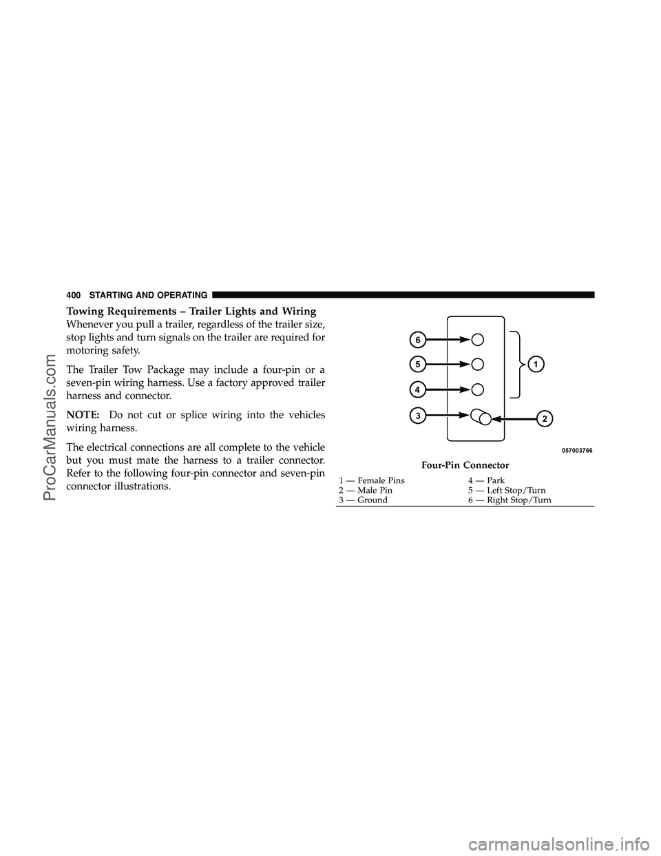 DODGE CARAVAN 2010 Owners Guide Towing Requirements – Trailer Lights and Wiring
Whenever you pull a trailer, regardless of the trailer size,
stop lights and turn signals on the trailer are required for
motoring safety.
The Trailer DODGE CARAVAN 2010 Owners Guide Towing Requirements – Trailer Lights and Wiring
Whenever you pull a trailer, regardless of the trailer size,
stop lights and turn signals on the trailer are required for
motoring safety.
The Trailer