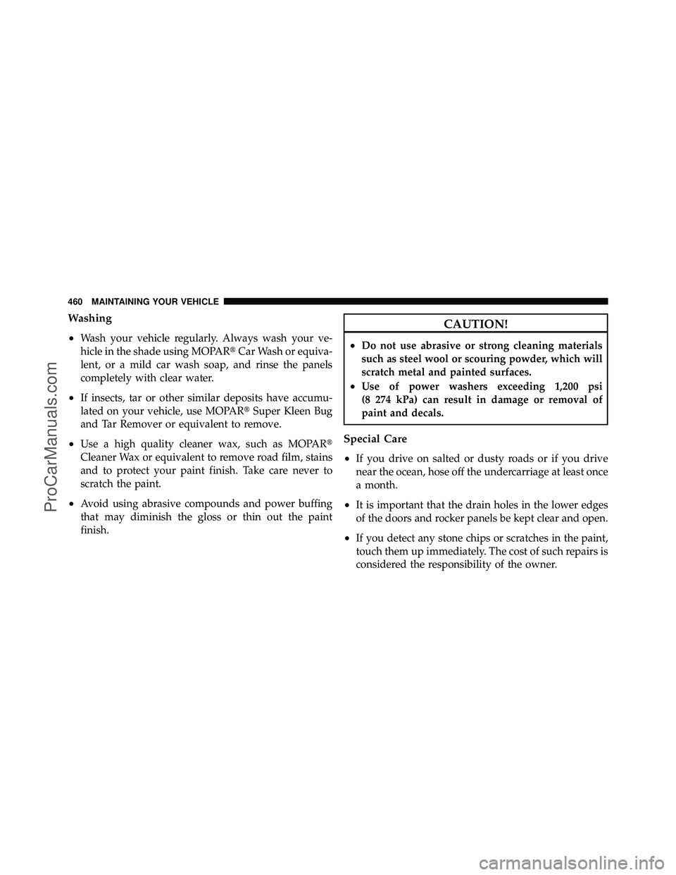 DODGE CARAVAN 2010  Owners Manual Washing
•
Wash your vehicle regularly. Always wash your ve-
hicle in the shade using MOPARCar Wash or equiva-
lent, or a mild car wash soap, and rinse the panels
completely with clear water.
•If 