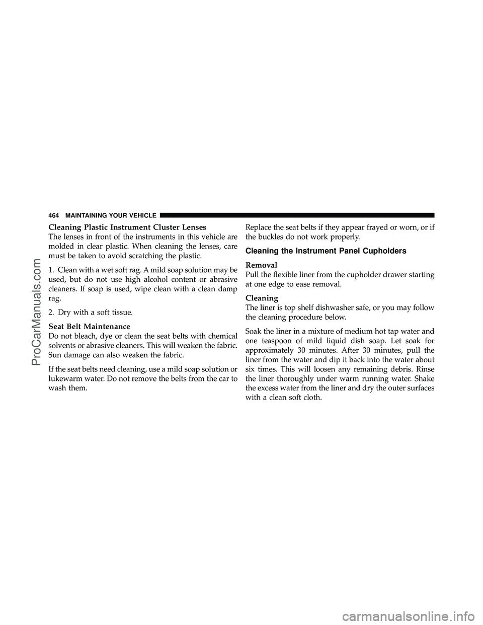 DODGE CARAVAN 2010  Owners Manual Cleaning Plastic Instrument Cluster Lenses
The lenses in front of the instruments in this vehicle are
molded in clear plastic. When cleaning the lenses, care
must be taken to avoid scratching the plas