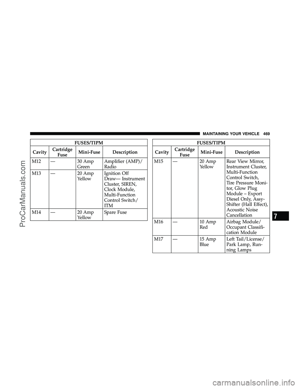 DODGE CARAVAN 2010  Owners Manual FUSES/TIPM
Cavity Cartridge
Fuse Mini-Fuse Description
M12 — 30 Amp GreenAmplifier (AMP)/
Radio
M13 — 20 Amp YellowIgnition Off
Draw— Instrument
Cluster, SIREN,
Clock Module,
Multi-Function
Cont