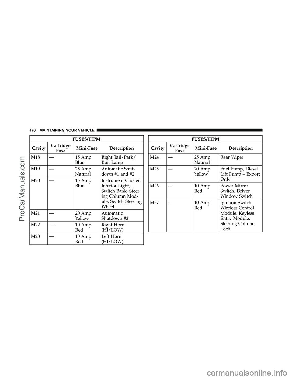 DODGE CARAVAN 2010  Owners Manual FUSES/TIPM
Cavity Cartridge
Fuse Mini-Fuse Description
M18 — 15 Amp BlueRight Tail/Park/
Run Lamp
M19 — 25 Amp NaturalAutomatic Shut-
down #1 and #2
M20 — 15 Amp BlueInstrument Cluster
Interior 