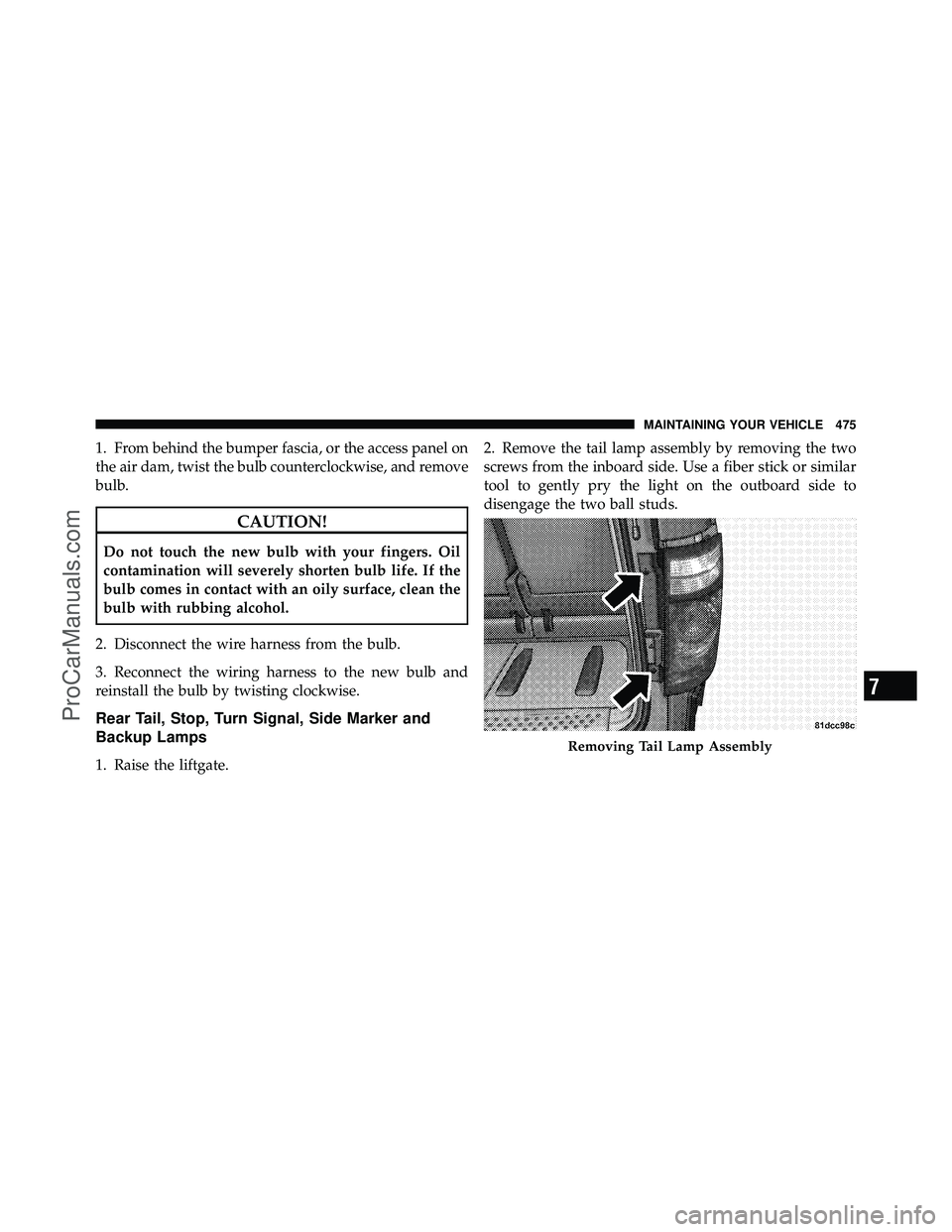 DODGE CARAVAN 2010  Owners Manual 1. From behind the bumper fascia, or the access panel on
the air dam, twist the bulb counterclockwise, and remove
bulb.
CAUTION!
Do not touch the new bulb with your fingers. Oil
contamination will sev