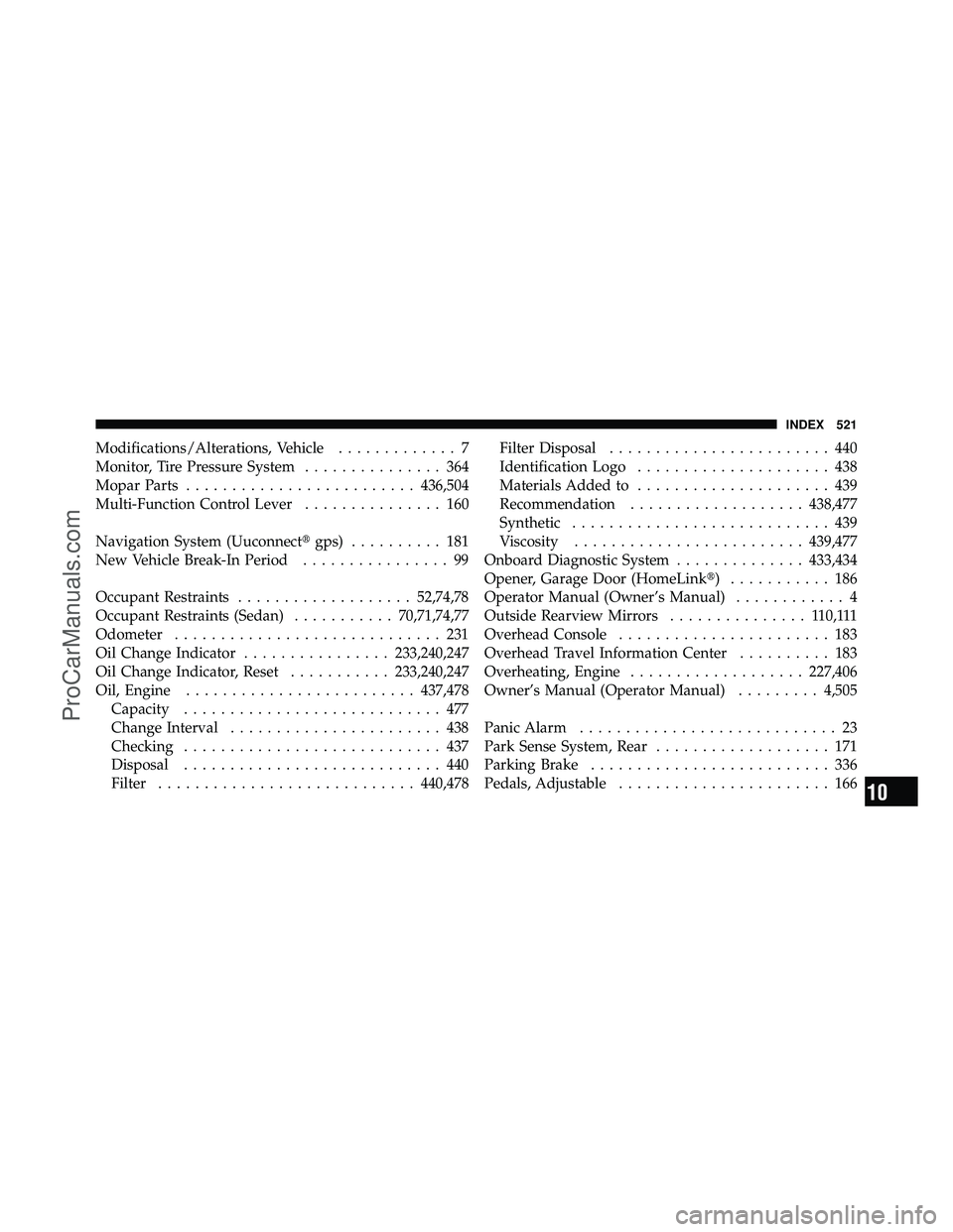 DODGE CARAVAN 2010 Owners Guide Modifications/Alterations, Vehicle............. 7
Monitor, Tire Pressure System ............... 364
Mopar Parts ......................... 436,504
Multi-Function Control Lever ............... 160
Navig DODGE CARAVAN 2010 Owners Guide Modifications/Alterations, Vehicle............. 7
Monitor, Tire Pressure System ............... 364
Mopar Parts ......................... 436,504
Multi-Function Control Lever ............... 160
Navig