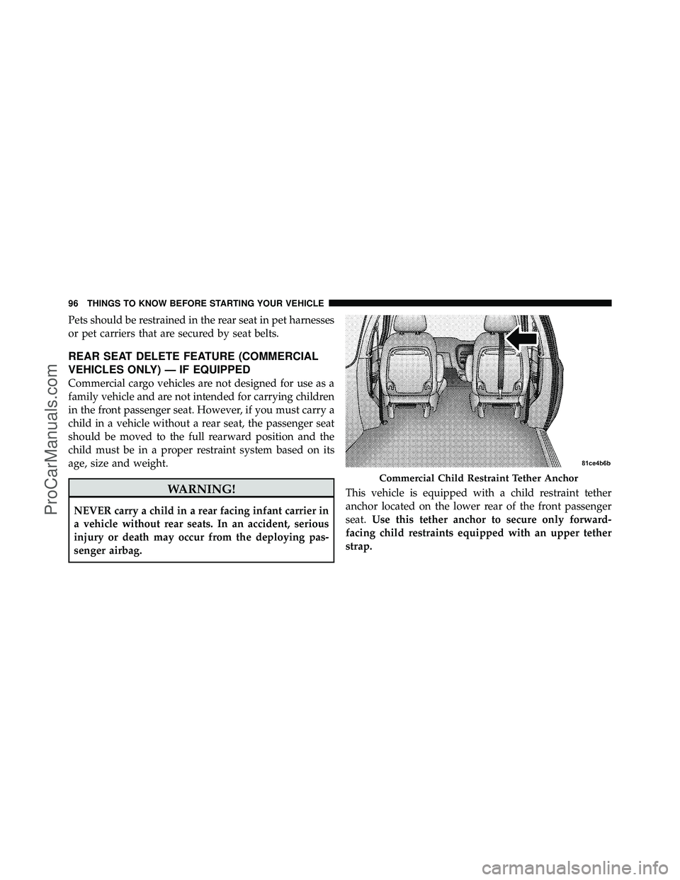 DODGE CARAVAN 2010 Owners Manual Pets should be restrained in the rear seat in pet harnesses
or pet carriers that are secured by seat belts.
REAR SEAT DELETE FEATURE (COMMERCIAL
VEHICLES ONLY) — IF EQUIPPED
Commercial cargo vehicle DODGE CARAVAN 2010 Owners Manual Pets should be restrained in the rear seat in pet harnesses
or pet carriers that are secured by seat belts.
REAR SEAT DELETE FEATURE (COMMERCIAL
VEHICLES ONLY) — IF EQUIPPED
Commercial cargo vehicle