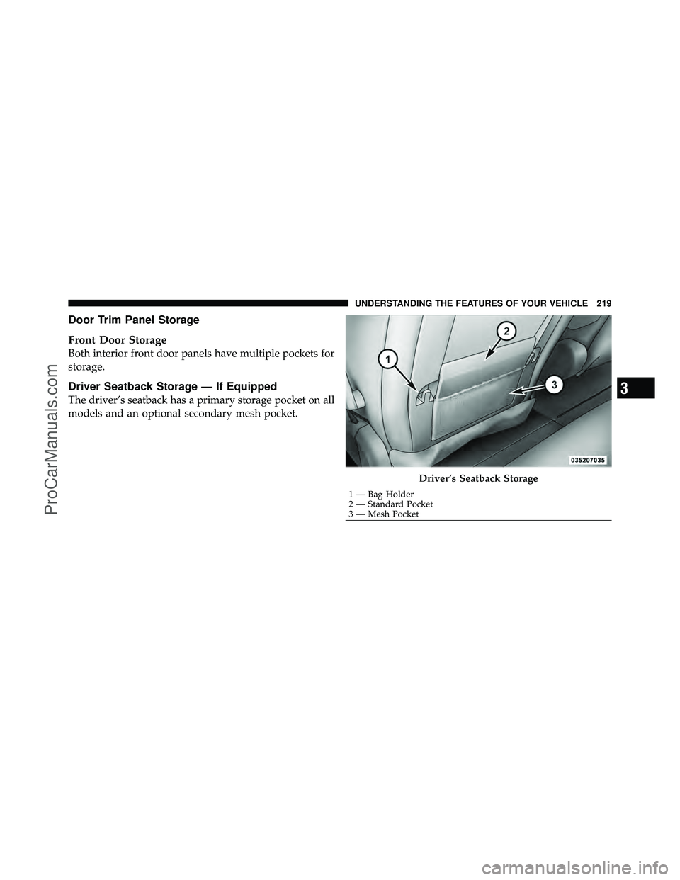 DODGE CARAVAN 2011  Owners Manual Door Trim Panel Storage
Front Door Storage
Both interior front door panels have multiple pockets for
storage.
Driver Seatback Storage — If Equipped
The driver’s seatback has a primary storage pock
