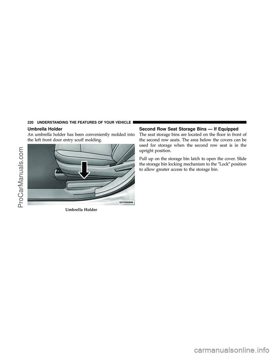 DODGE CARAVAN 2011  Owners Manual Umbrella Holder
An umbrella holder has been conveniently molded into
the left front door entry scuff molding.
Second Row Seat Storage Bins — If Equipped
The seat storage bins are located on the floo