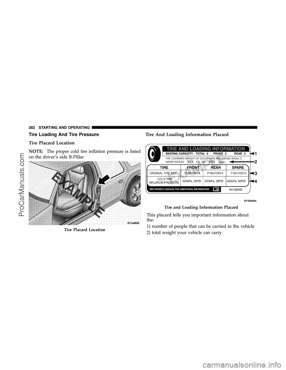 DODGE CARAVAN 2011  Owners Manual Tire Loading And Tire Pressure
Tire Placard Location
NOTE:The proper cold tire inflation pressure is listed
on the driver’s side B-Pillar.
Tire And Loading Information Placard
This placard tells you