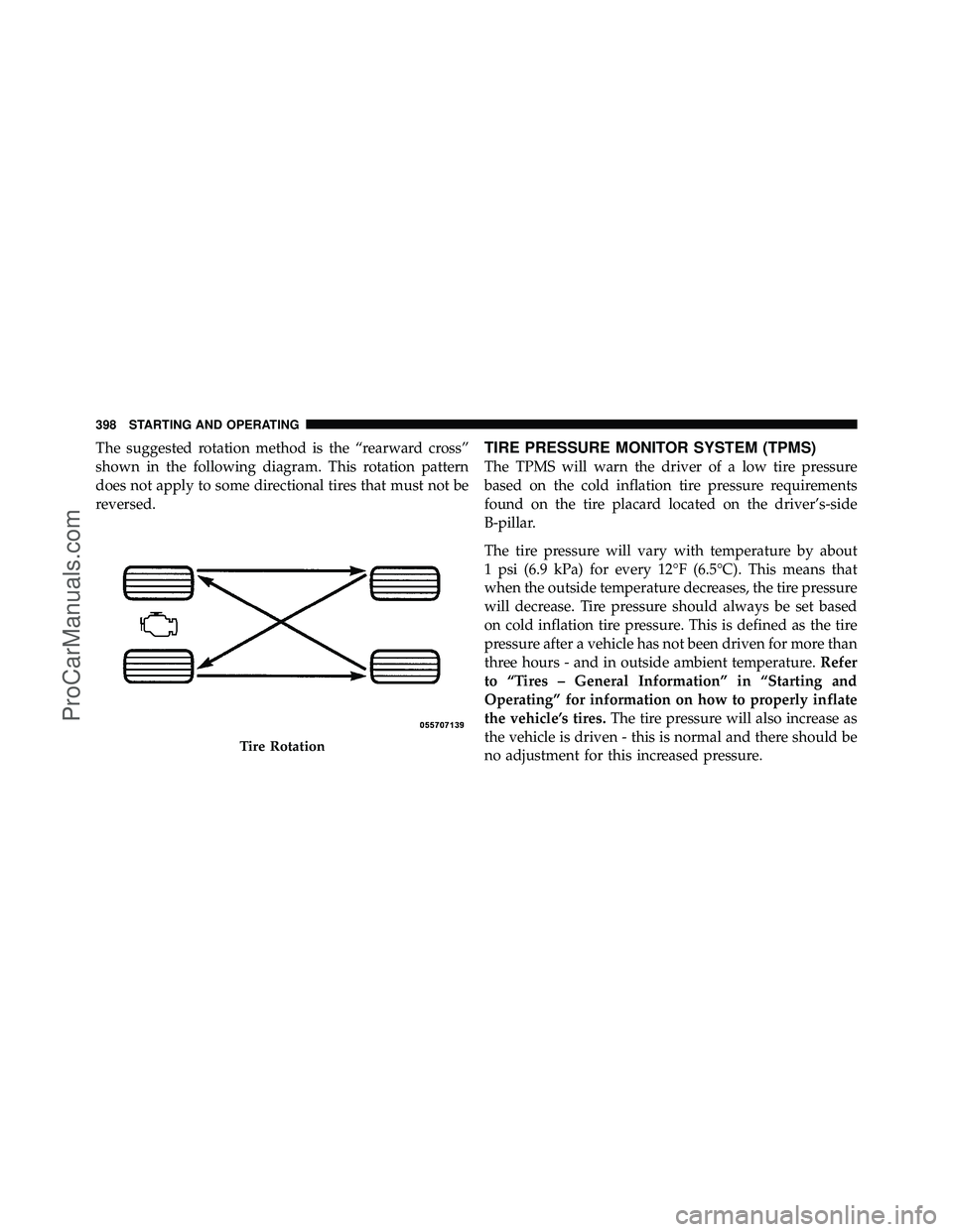 DODGE CARAVAN 2011  Owners Manual The suggested rotation method is the “rearward cross”
shown in the following diagram. This rotation pattern
does not apply to some directional tires that must not be
reversed.TIRE PRESSURE MONITOR