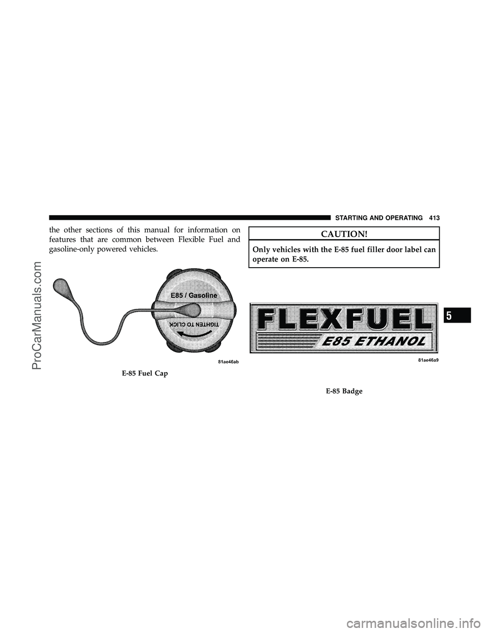 DODGE CARAVAN 2011  Owners Manual the other sections of this manual for information on
features that are common between Flexible Fuel and
gasoline-only powered vehicles.CAUTION!
Only vehicles with the E-85 fuel filler door label can
o