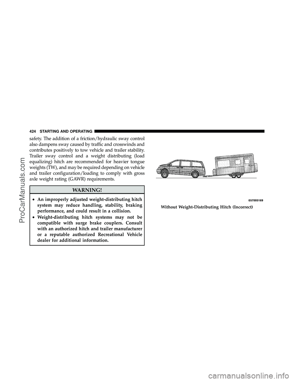 DODGE CARAVAN 2011  Owners Manual safety. The addition of a friction/hydraulic sway control
also dampens sway caused by traffic and crosswinds and
contributes positively to tow vehicle and trailer stability.
Trailer sway control and a