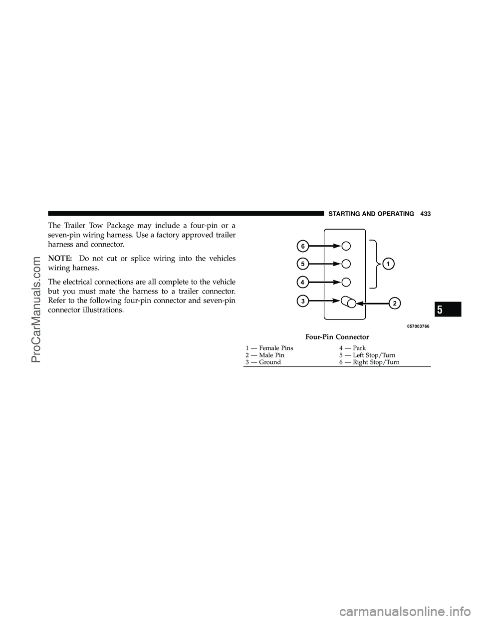 DODGE CARAVAN 2011  Owners Manual The Trailer Tow Package may include a four-pin or a
seven-pin wiring harness. Use a factory approved trailer
harness and connector.
NOTE:Do not cut or splice wiring into the vehicles
wiring harness.
T