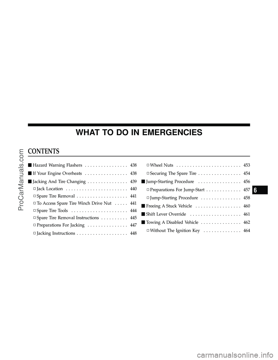 DODGE CARAVAN 2011  Owners Manual WHAT TO DO IN EMERGENCIES
CONTENTS
Hazard Warning Flashers ................ 438
 If Your Engine Overheats ................ 438
 Jacking And Tire Changing ............... 439
▫ Jack Location .....