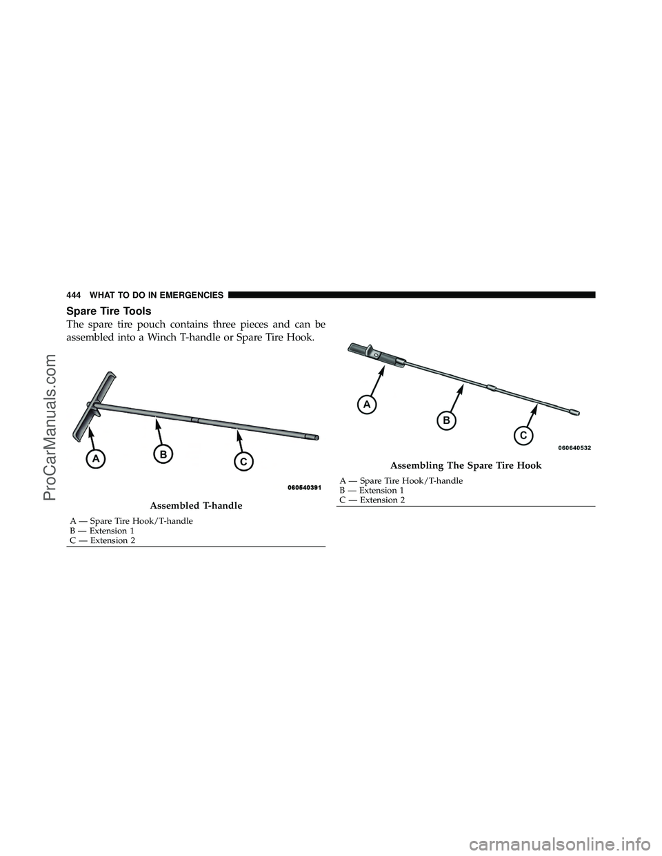 DODGE CARAVAN 2011  Owners Manual Spare Tire Tools
The spare tire pouch contains three pieces and can be
assembled into a Winch T-handle or Spare Tire Hook.
Assembled T-handle
A — Spare Tire Hook/T-handle
B — Extension 1
C — Ext