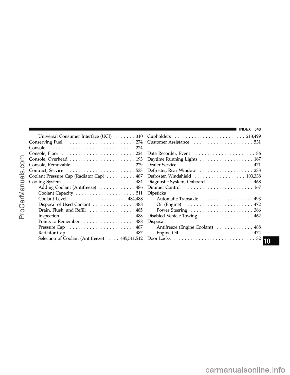 DODGE CARAVAN 2011 Owners Manual Universal Consumer Interface (UCI)....... 310
Conserving Fuel ........................ 274
Console .............................. 224
Console, Floor .......................... 224
Console, Overhead .. DODGE CARAVAN 2011 Owners Manual Universal Consumer Interface (UCI)....... 310
Conserving Fuel ........................ 274
Console .............................. 224
Console, Floor .......................... 224
Console, Overhead ..