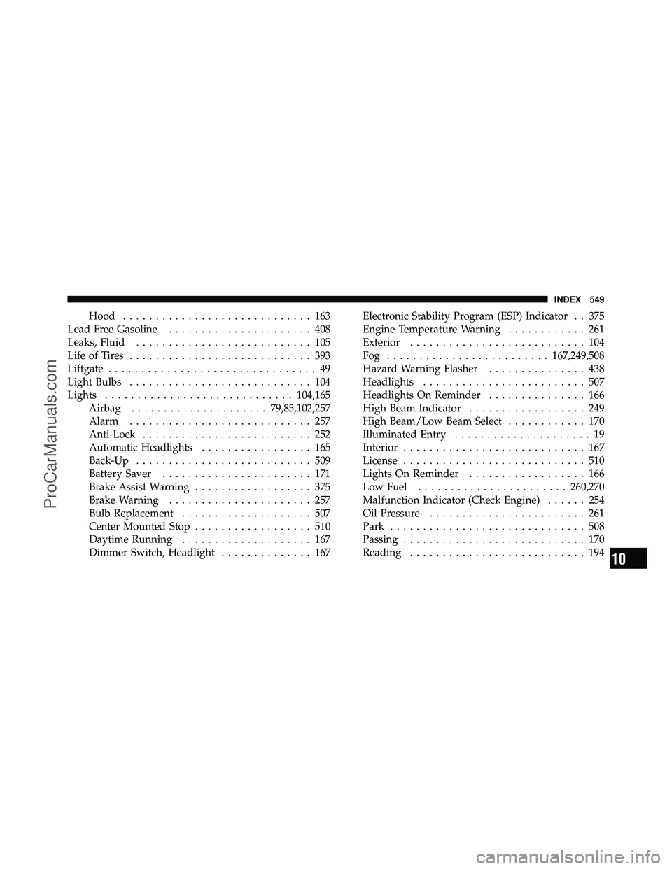 DODGE CARAVAN 2011  Owners Manual Hood............................. 163
Lead Free Gasoline ...................... 408
Leaks, Fluid ........................... 105
Life of Tires ............................ 393
Liftgate ...............