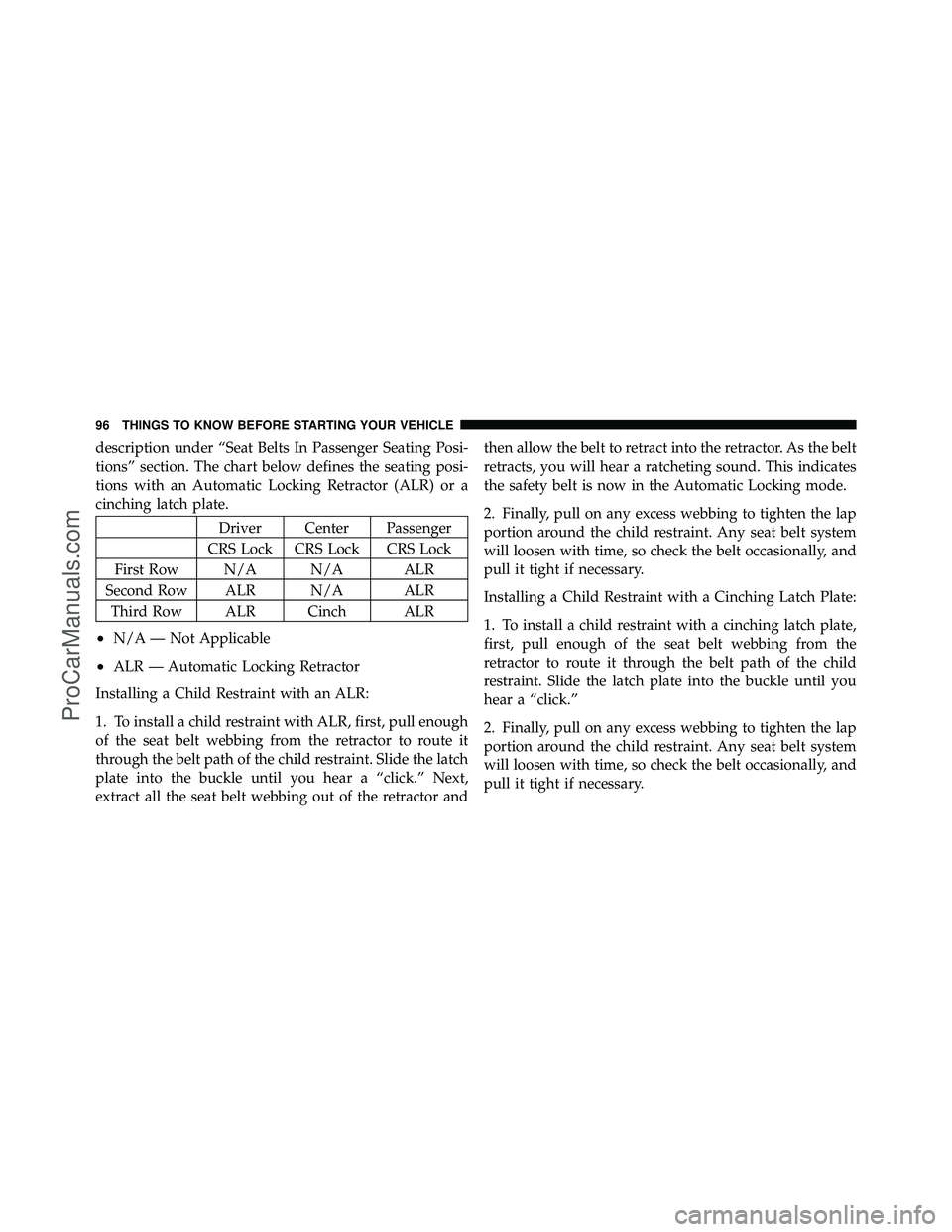 DODGE CARAVAN 2011 Owners Manual description under “Seat Belts In Passenger Seating Posi-
tions” section. The chart below defines the seating posi-
tions with an Automatic Locking Retractor (ALR) or a
cinching latch plate.
Driver DODGE CARAVAN 2011 Owners Manual description under “Seat Belts In Passenger Seating Posi-
tions” section. The chart below defines the seating posi-
tions with an Automatic Locking Retractor (ALR) or a
cinching latch plate.
Driver