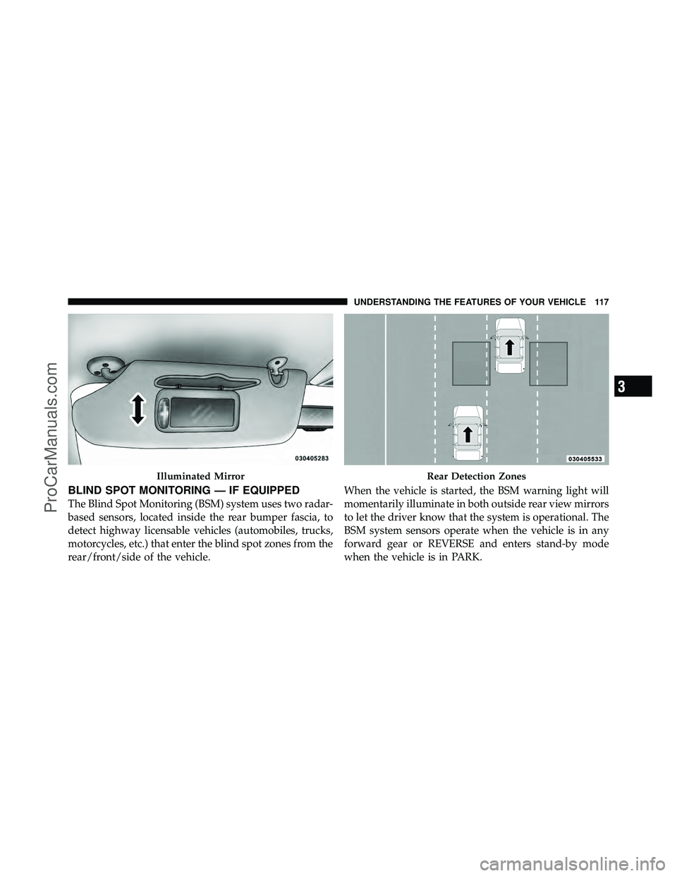 DODGE CARAVAN 2012  Owners Manual BLIND SPOT MONITORING — IF EQUIPPED
The Blind Spot Monitoring (BSM) system uses two radar-
based sensors, located inside the rear bumper fascia, to
detect highway licensable vehicles (automobiles, t