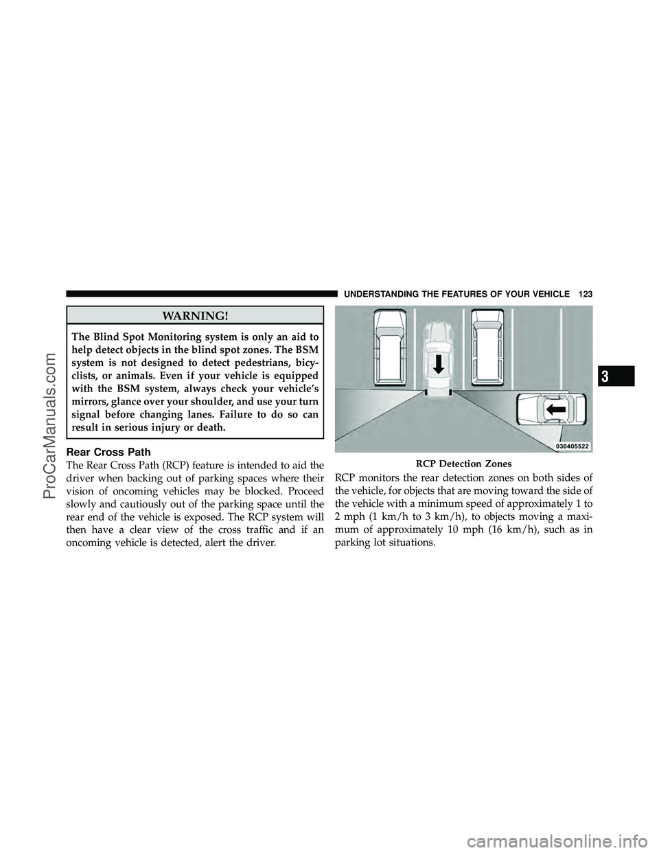 DODGE CARAVAN 2012 Owners Manual WARNING!
The Blind Spot Monitoring system is only an aid to
help detect objects in the blind spot zones. The BSM
system is not designed to detect pedestrians, bicy-
clists, or animals. Even if your ve DODGE CARAVAN 2012 Owners Manual WARNING!
The Blind Spot Monitoring system is only an aid to
help detect objects in the blind spot zones. The BSM
system is not designed to detect pedestrians, bicy-
clists, or animals. Even if your ve