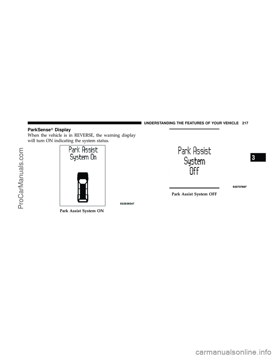 DODGE CARAVAN 2012  Owners Manual ParkSenseDisplay
When the vehicle is in REVERSE, the warning display
will turn ON indicating the system status.
Park Assist System ON
Park Assist System OFF
3
UNDERSTANDING THE FEATURES OF YOUR VEHIC